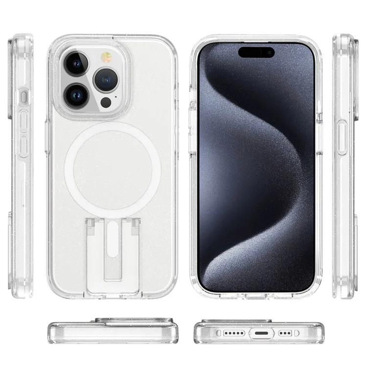 iPhone 15 Pro Max Hülle TPU+PC Versteckter Ständer Handyhülle Kompatibel mit MagSafe - Glitzer Transparent+Weiß