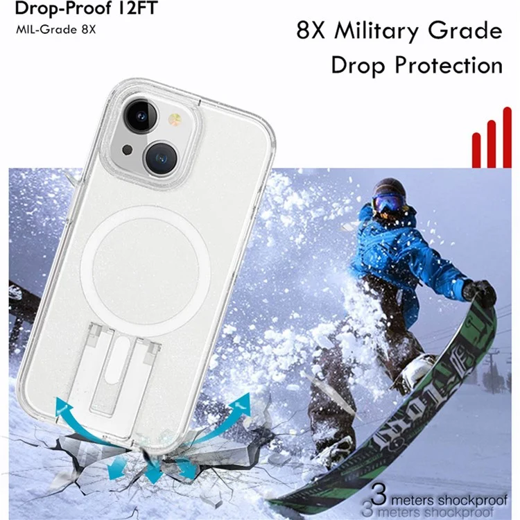iPhone 15 Pro Max Hülle TPU+PC Versteckter Ständer Handyhülle Kompatibel mit MagSafe - Glitzer Transparent+Weiß