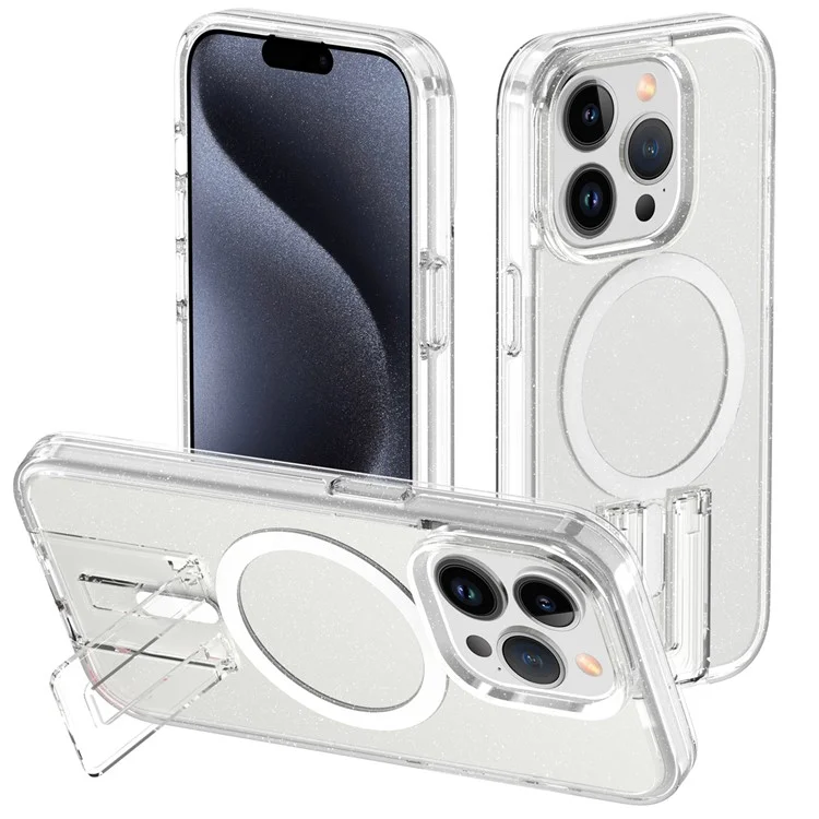 Para iPhone 15 Pro Capa de Telefone Magnética de PC+TPU com Suporte - Transparente Glitter+Branco