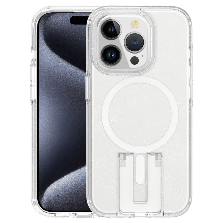 Para iPhone 15 Pro Capa de Telefone Magnética de PC+TPU com Suporte - Transparente Glitter+Branco