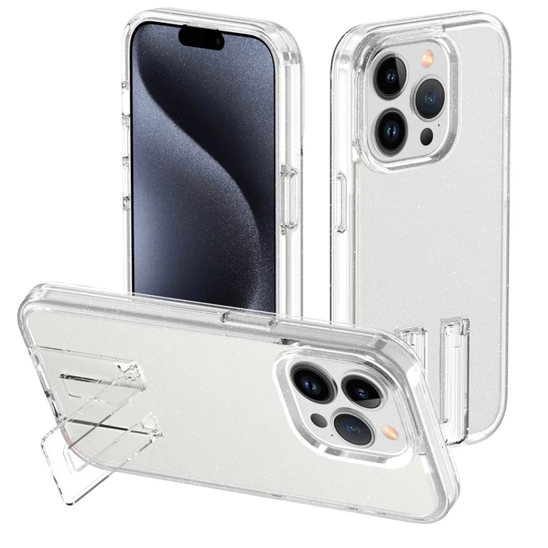 For iPhone 15 Pro Max Case Anti-scratch Protective Cover with Hidden Kickstand - Glitter Transparent+White