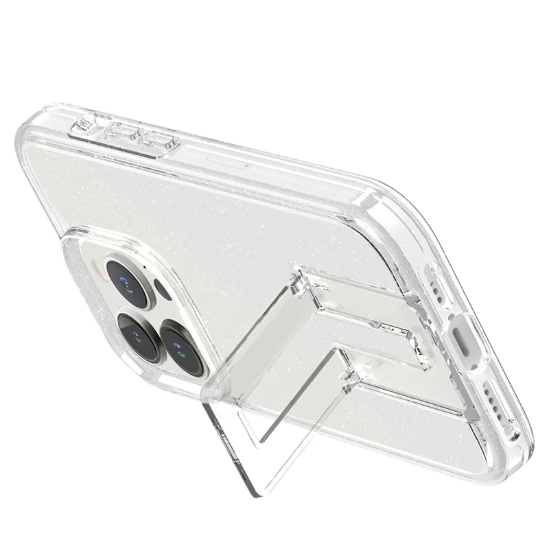 For iPhone 15 Pro Max Case Anti-scratch Protective Cover with Hidden Kickstand - Glitter Transparent+White