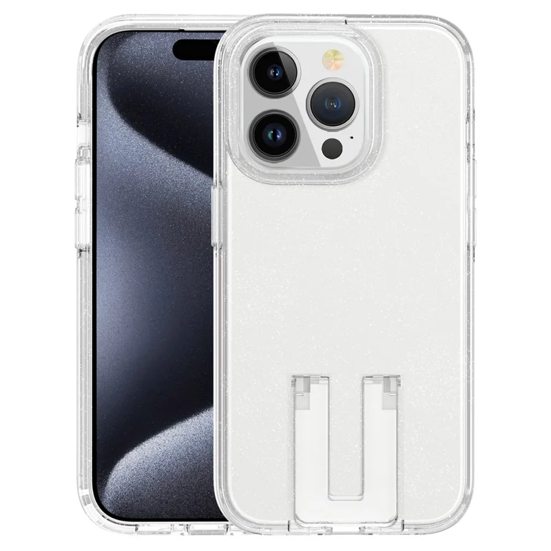 For iPhone 15 Pro Max Case Anti-scratch Protective Cover with Hidden Kickstand - Glitter Transparent+White