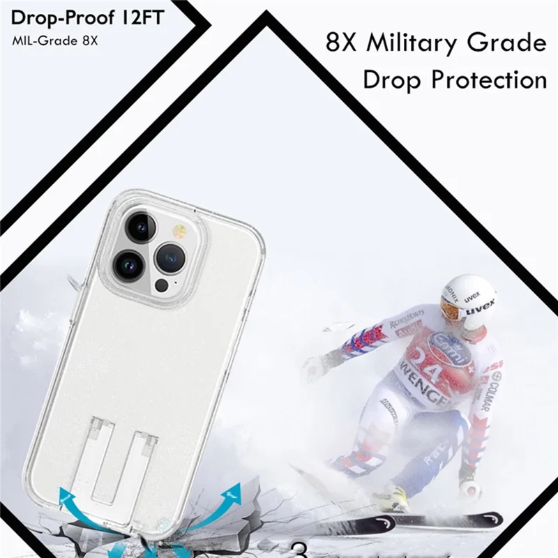 For iPhone 15 Pro Max Case Anti-scratch Protective Cover with Hidden Kickstand - Glitter Transparent+White
