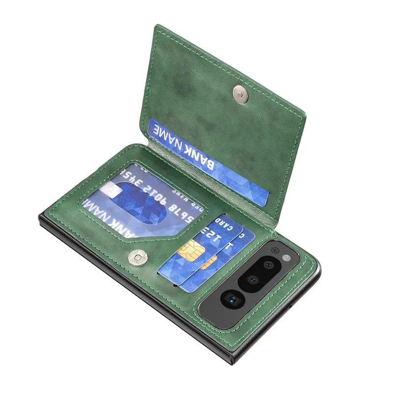 For Google Pixel Fold Kickstand Case Anti-Drop PU+TPU Card Holder Mobile Phone Cover - Green