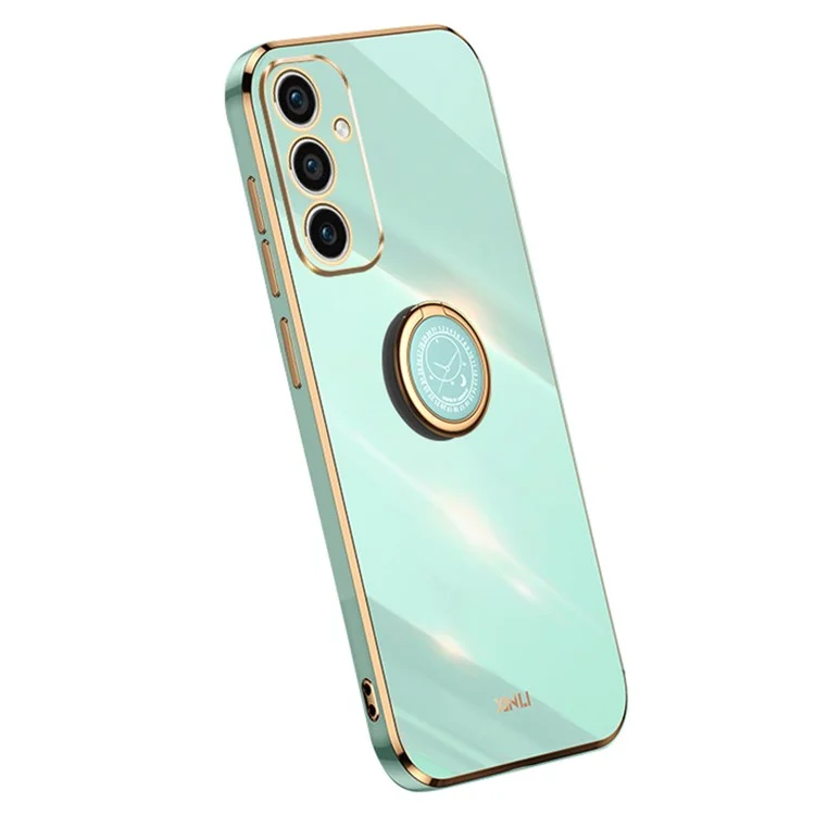 XINLI Para Samsung Galaxy A35 5G Funda de Teléfono con Soporte Plating Borde Dorado Funda Suave de TPU - Cian