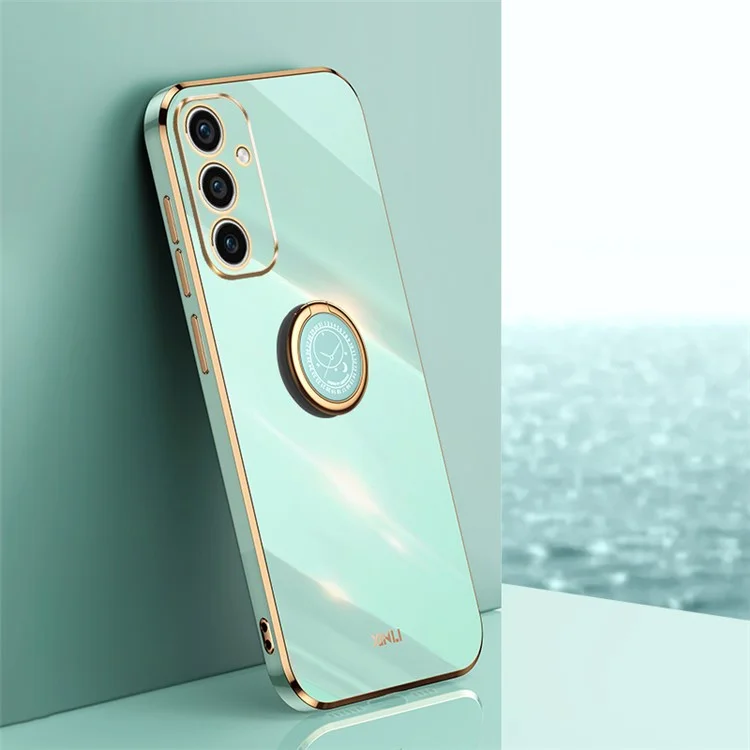 XINLI Para Samsung Galaxy A35 5G Funda de Teléfono con Soporte Plating Borde Dorado Funda Suave de TPU - Cian