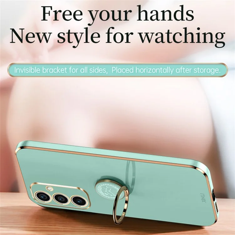 XINLI Para Samsung Galaxy A35 5G Funda de Teléfono con Soporte Plating Borde Dorado Funda Suave de TPU - Cian
