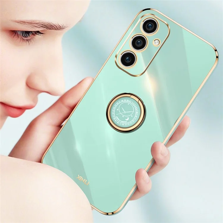 XINLI Para Samsung Galaxy A35 5G Funda de Teléfono con Soporte Plating Borde Dorado Funda Suave de TPU - Cian