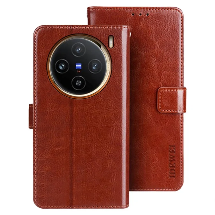 IDEWEI Für vivo X100 5G Smartphone Leder Flip Case Brieftasche Stand Crazy Horse Textur - Braun
