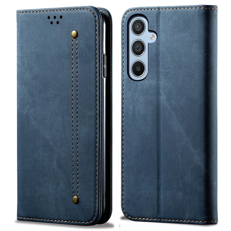 For Samsung Galaxy A55 5G Case Wallet Jeans Cloth Texture Leather Stand Cover - Blue