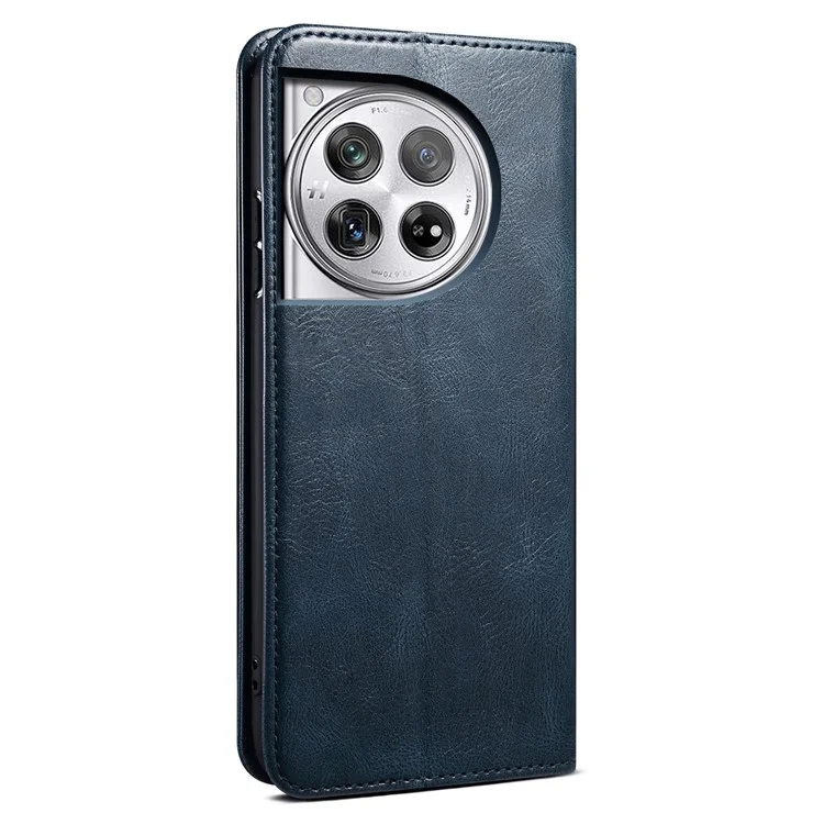 For OnePlus 12 5G Case Stand with Card Holder Waxy Crazy Horse Texture Leather Cover - Blue