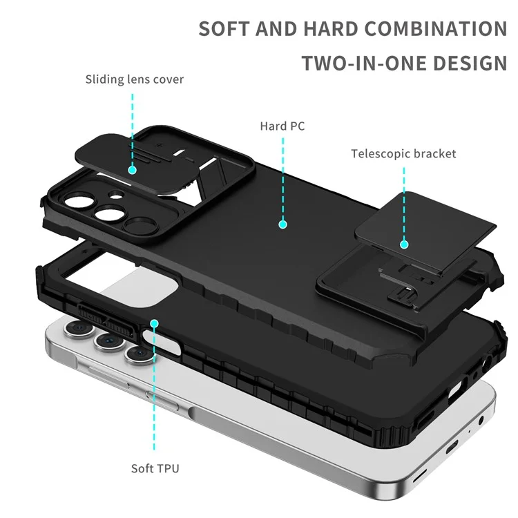 For Samsung Galaxy A15 5G Phone Case Slide Lens Protection Kickstand - Black