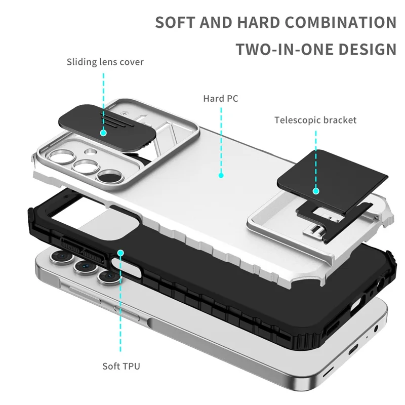 For Samsung Galaxy A15 5G Phone Case Slide Lens Protection Kickstand - White