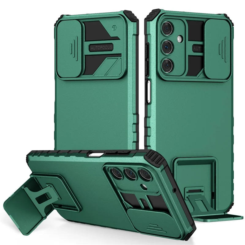 For Samsung Galaxy A15 5G Phone Case Slide Lens Protection Kickstand - Blackish Green