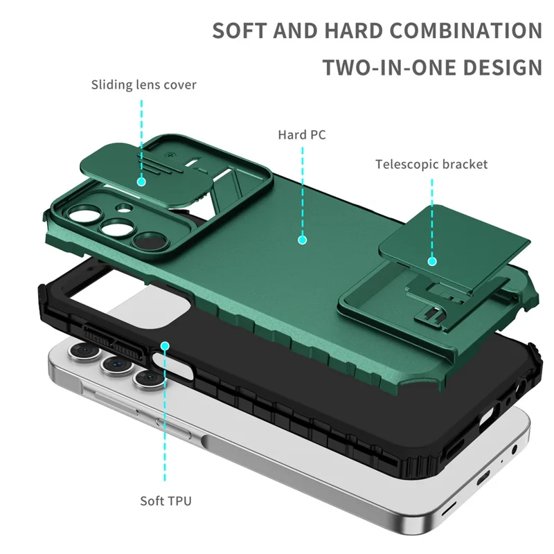 For Samsung Galaxy A15 5G Phone Case Slide Lens Protection Kickstand - Blackish Green