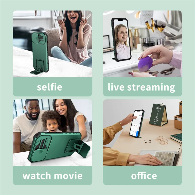 For Samsung Galaxy A15 5G Phone Case Slide Lens Protection Kickstand - Blackish Green