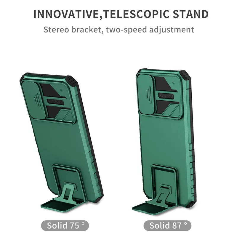 For Samsung Galaxy A15 5G Phone Case Slide Lens Protection Kickstand - Blackish Green