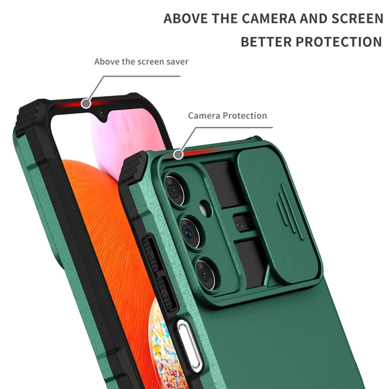 For Samsung Galaxy A15 5G Phone Case Slide Lens Protection Kickstand - Blackish Green