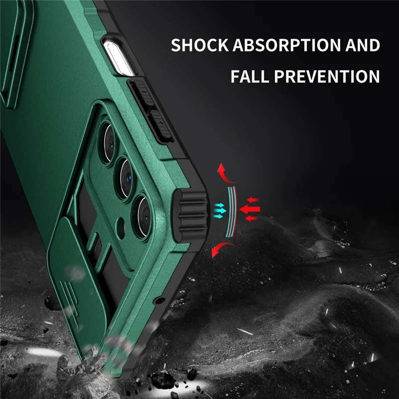 For Samsung Galaxy A15 5G Phone Case Slide Lens Protection Kickstand - Blackish Green