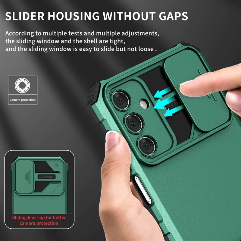 For Samsung Galaxy A15 5G Phone Case Slide Lens Protection Kickstand - Blackish Green