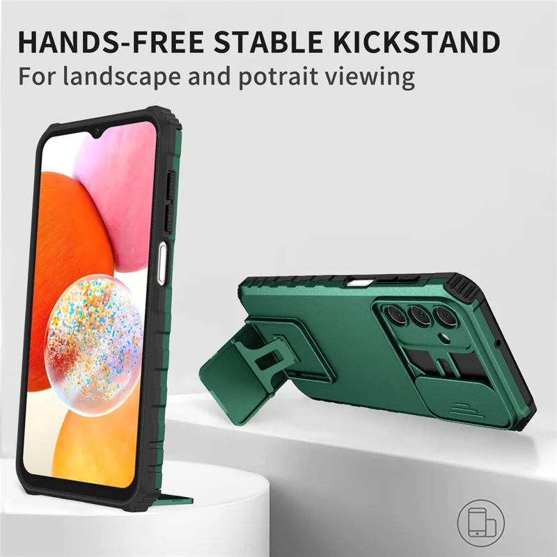 For Samsung Galaxy A15 5G Phone Case Slide Lens Protection Kickstand - Blackish Green