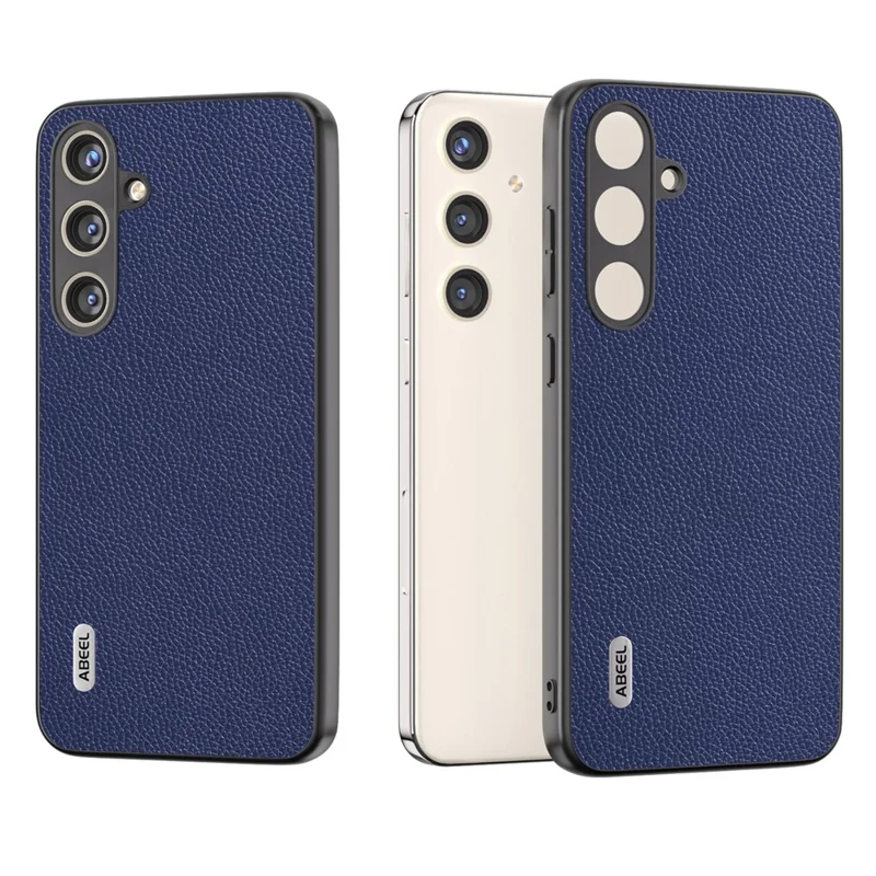 ABEEL For Samsung Galaxy S24+ Case with Litchi Texture Genuine Cow Leather Back Cover  - Blue