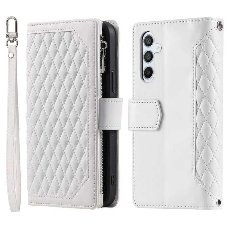 For Samsung Galaxy A55 5G Case Wallet Stand Rhombus Texture Phone Cover with Strap - White