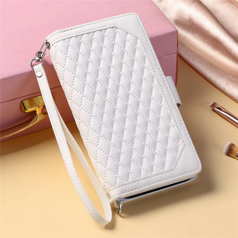 For Samsung Galaxy A55 5G Case Wallet Stand Rhombus Texture Phone Cover with Strap - White