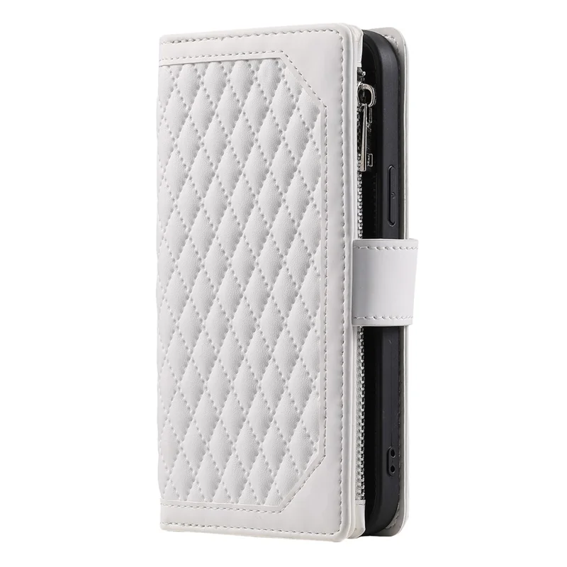 For Samsung Galaxy A55 5G Case Wallet Stand Rhombus Texture Phone Cover with Strap - White