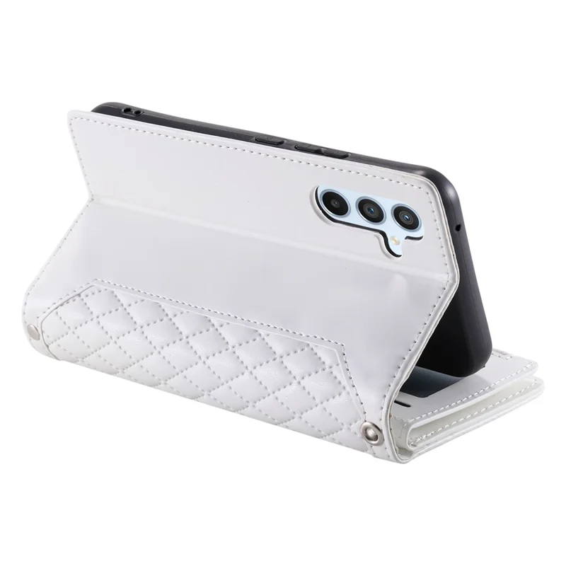 For Samsung Galaxy A55 5G Case Wallet Stand Rhombus Texture Phone Cover with Strap - White