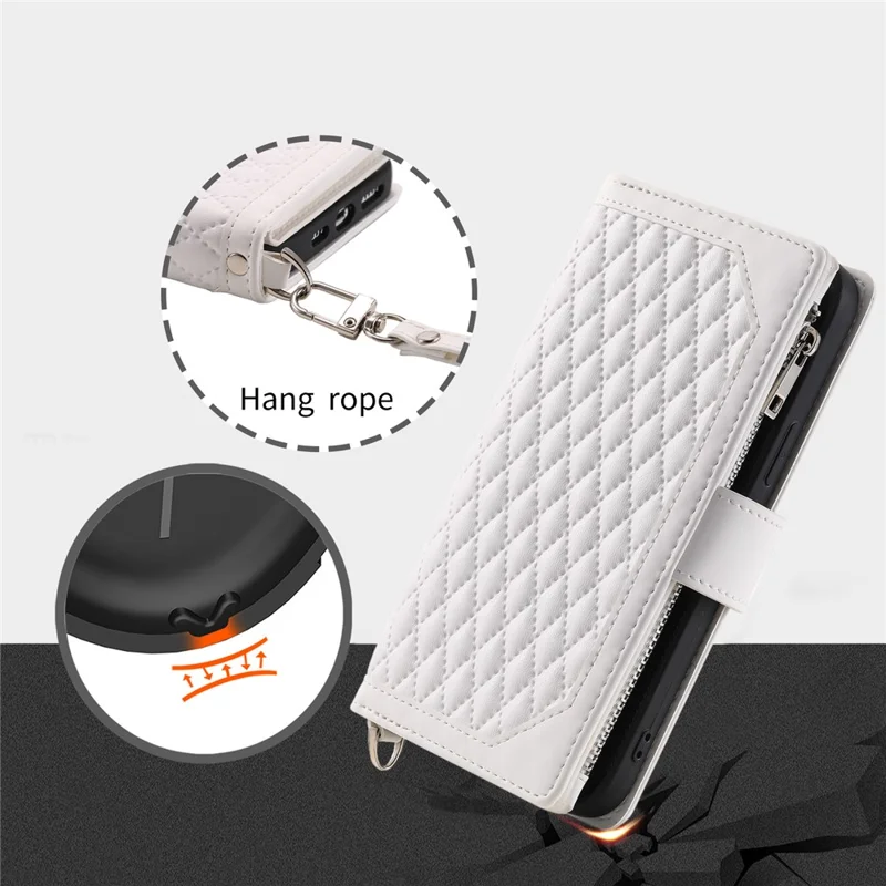 For Samsung Galaxy A55 5G Case Wallet Stand Rhombus Texture Phone Cover with Strap - White