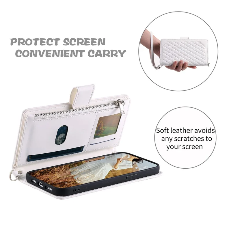 For Samsung Galaxy A55 5G Case Wallet Stand Rhombus Texture Phone Cover with Strap - White