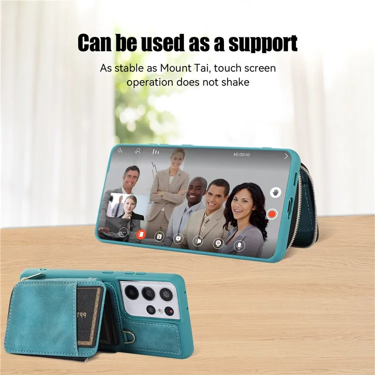 Para Samsung Galaxy S21 Ultra 5G Funda de Teléfono Celular Cuero de PU + TPU Cubierta de Cartera con Cremallera - Verde