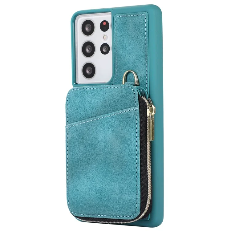 Para Samsung Galaxy S21 Ultra 5G Funda de Teléfono Celular Cuero de PU + TPU Cubierta de Cartera con Cremallera - Verde
