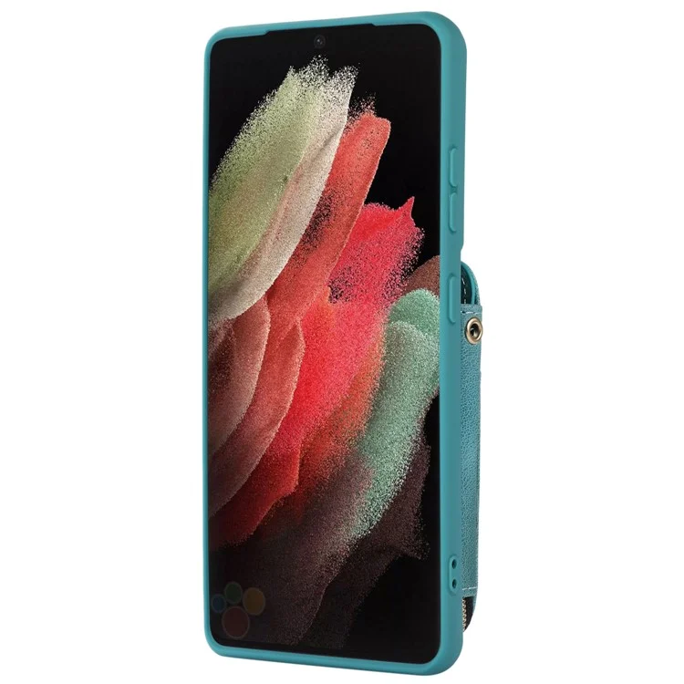 Para Samsung Galaxy S21 Ultra 5G Funda de Teléfono Celular Cuero de PU + TPU Cubierta de Cartera con Cremallera - Verde