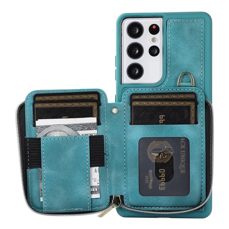 Para Samsung Galaxy S21 Ultra 5G Funda de Teléfono Celular Cuero de PU + TPU Cubierta de Cartera con Cremallera - Verde
