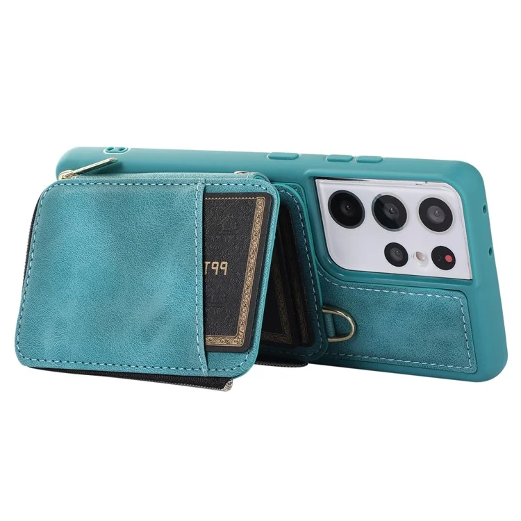 Para Samsung Galaxy S21 Ultra 5G Funda de Teléfono Celular Cuero de PU + TPU Cubierta de Cartera con Cremallera - Verde