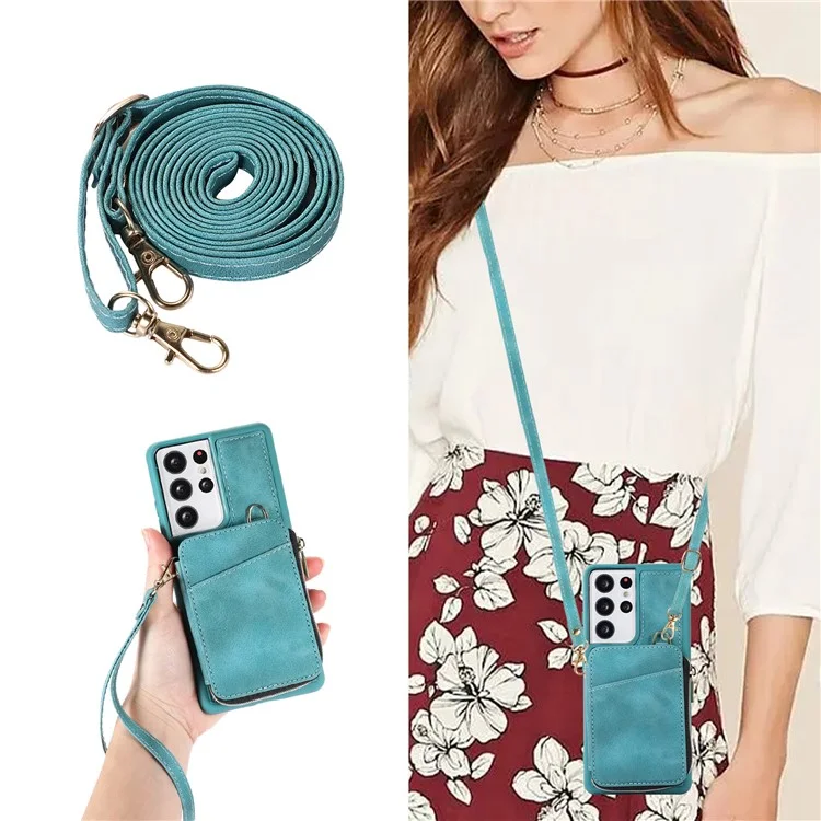 Para Samsung Galaxy S21 Ultra 5G Funda de Teléfono Celular Cuero de PU + TPU Cubierta de Cartera con Cremallera - Verde