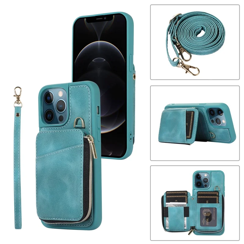 For iPhone 12 Pro Max Cell Phone Case with Strap PU Leather+TPU Kickstand Cover - Green