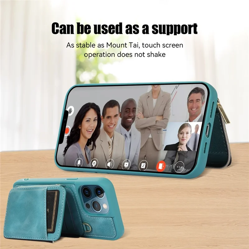 For iPhone 12 Pro Max Cell Phone Case with Strap PU Leather+TPU Kickstand Cover - Green