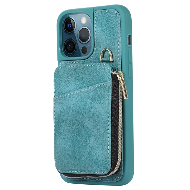 For iPhone 12 Pro Max Cell Phone Case with Strap PU Leather+TPU Kickstand Cover - Green