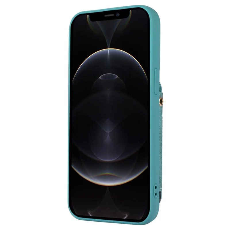 For iPhone 12 Pro Max Cell Phone Case with Strap PU Leather+TPU Kickstand Cover - Green