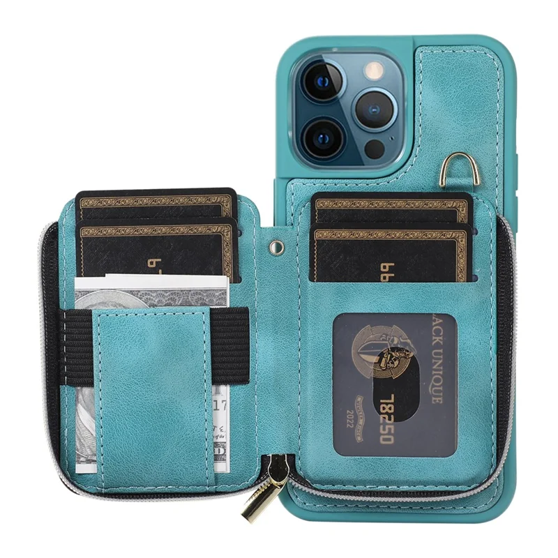 For iPhone 12 Pro Max Cell Phone Case with Strap PU Leather+TPU Kickstand Cover - Green