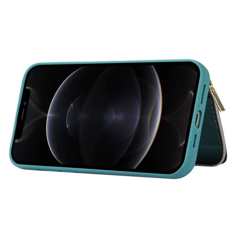 For iPhone 12 Pro Max Cell Phone Case with Strap PU Leather+TPU Kickstand Cover - Green