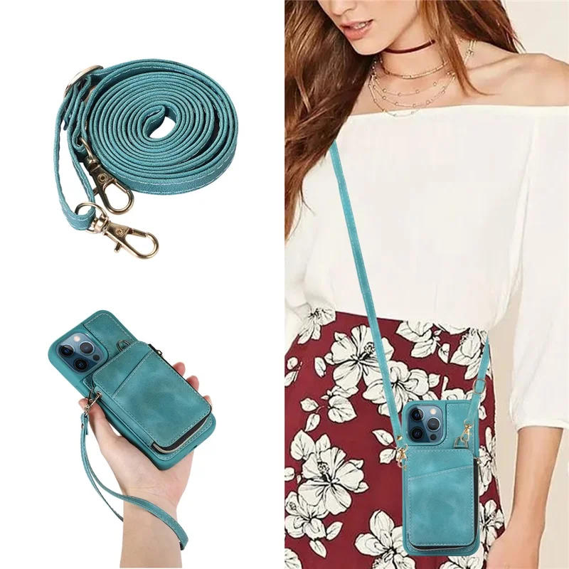 For iPhone 12 Pro Max Cell Phone Case with Strap PU Leather+TPU Kickstand Cover - Green