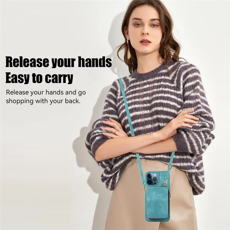 For iPhone 12 Pro Max Cell Phone Case with Strap PU Leather+TPU Kickstand Cover - Green