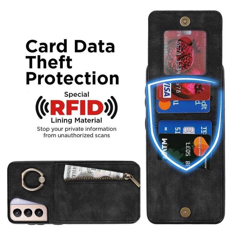 For Samsung Galaxy S21+ 5G Case RFID Blocking PU+TPU Phone Cover with Card Slots - Black