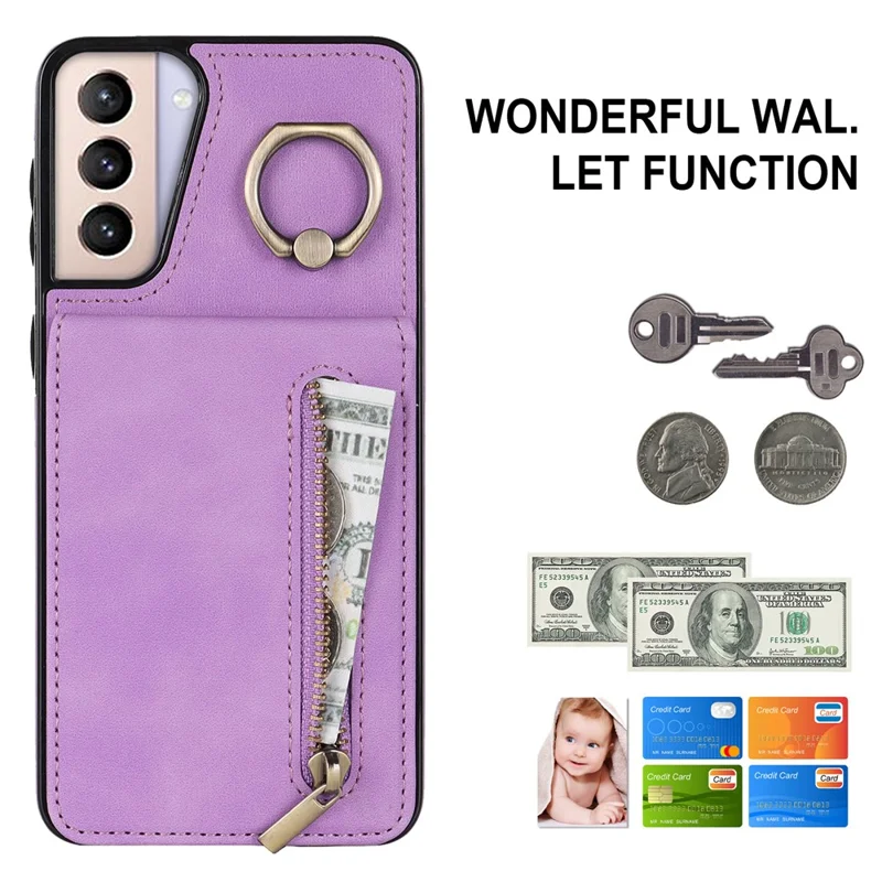 For Samsung Galaxy S21+ 5G Case RFID Blocking PU+TPU Phone Cover with Card Slots - Purple