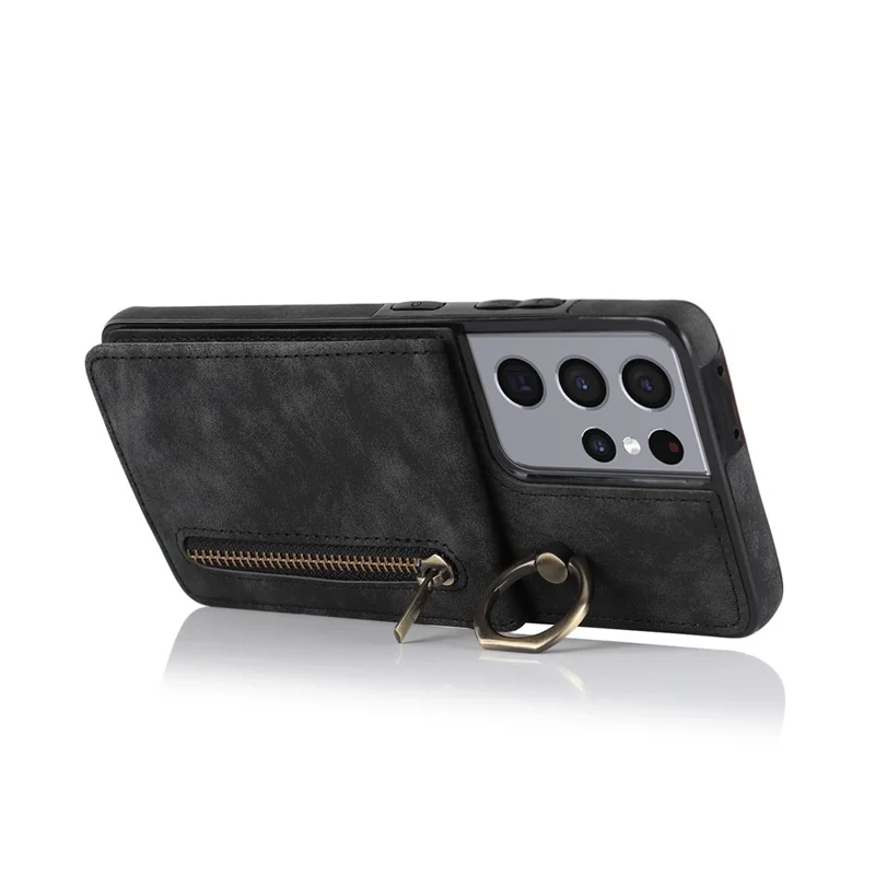 Für Samsung Galaxy S21 Ultra 5G Hülle Ring Ständer RFID Blocking PU+TPU Handyhülle - Schwarz